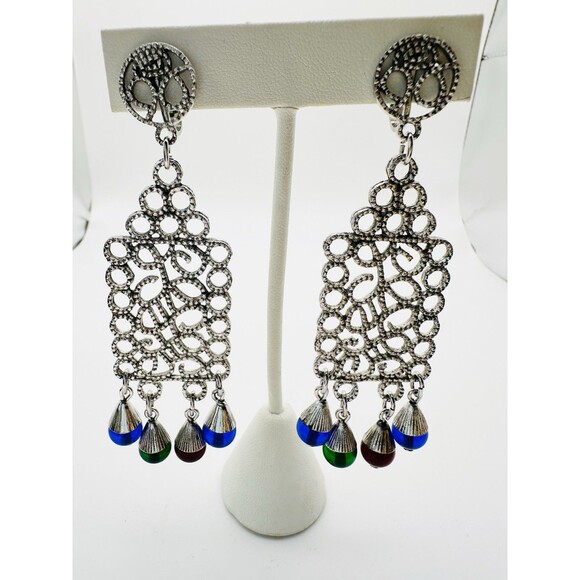 Trifari Jewelry - Vintage Silver Crown Trifari Filigree Glass Beaded  Clip On Drop Earrings